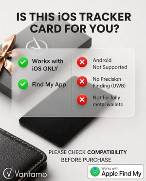Vantamo Ultra-Thin Wallet Tracker Card, Apple MFi Certified, IP68 Waterproof Bluetooth Smart Card Wallet Tracker & Passport, Work with Apple Find My, Wireless Charging, iOS Only
