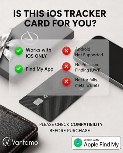 Vantamo Ultra-Thin Wallet Tracker Card, Apple MFi Certified, IP68 Waterproof Bluetooth Smart Card Wallet Tracker &amp; Passport, Work with Apple Find My, Wireless Charging, iOS Only