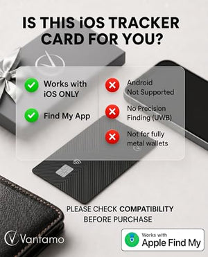 Vantamo Ultra-Thin Wallet Tracker Card, Apple MFi Certified, IP68 Waterproof Bluetooth Smart Card Wallet Tracker & Passport, Work with Apple Find My, Wireless Charging, iOS Only