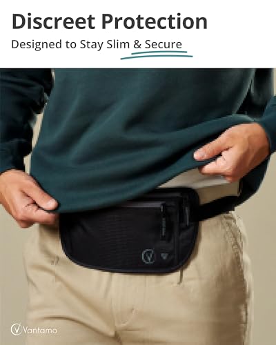 Vantamo Hidden Money Belt For Extra Safety, RFID Protected Ultra-Thin Fanny Pack, 2 Compartment Money Bag Fits Passport &amp; Phone to Protect Valuables, Belt Bag for Traveling, Hiking &amp; Walks