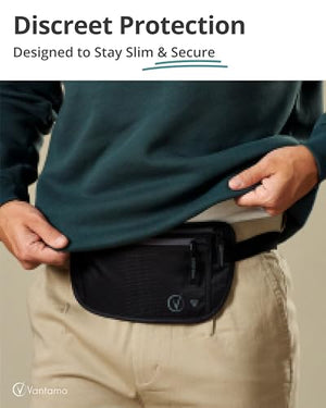 Vantamo Hidden Money Belt For Extra Safety, RFID Protected Ultra-Thin Fanny Pack, 2 Compartment Money Bag Fits Passport & Phone to Protect Valuables, Belt Bag for Traveling, Hiking & Walks