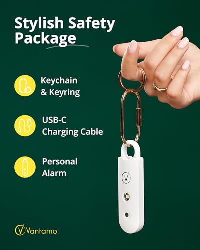 Vantamo Personal Alarm for Self Defense with Low Battery Notice, Strobe Light &amp; Extra Loud 130 dB Double Speakers Safety Keychain Set for Women, Rechargeable Panic Button for Womens Self Defense