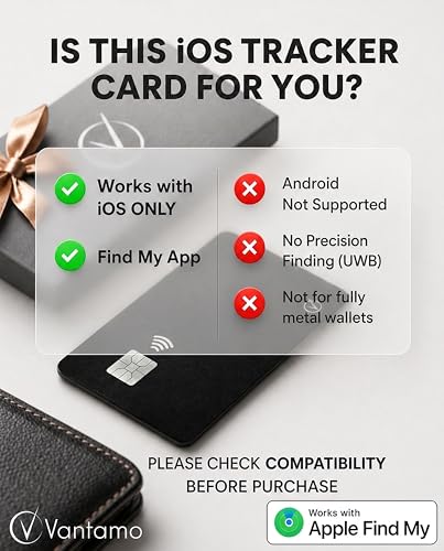 Vantamo Ultra-Thin Wallet Tracker Card, Apple MFi Certified, IP68 Waterproof Bluetooth Smart Card Wallet Tracker &amp; Passport, Work with Apple Find My, Wireless Charging, iOS Only