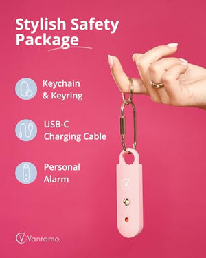 Vantamo Personal Alarm for Self Defense with Low Battery Notice, Strobe Light & Extra Loud 130 dB Double Speakers Safety Keychain Set for Women, Rechargeable Panic Button for Womens Self Defense