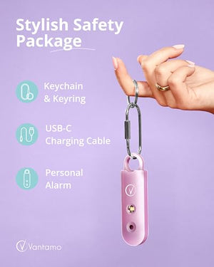 Vantamo Personal Alarm for Self Defense with Low Battery Notice, Strobe Light & Extra Loud 130 dB Double Speakers Safety Keychain Set for Women, Rechargeable Panic Button for Womens Self Defense