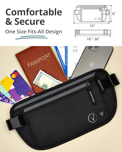 Vantamo Hidden Money Belt For Extra Safety, RFID Protected Ultra-Thin Fanny Pack, 2 Compartment Money Bag Fits Passport &amp; Phone to Protect Valuables, Belt Bag for Traveling, Hiking &amp; Walks