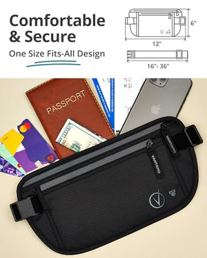 Vantamo Hidden Money Belt For Extra Safety, RFID Protected Ultra-Thin Fanny Pack, 2 Compartment Money Bag Fits Passport & Phone to Protect Valuables, Belt Bag for Traveling, Hiking & Walks