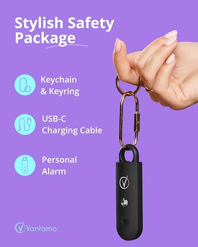 Vantamo Personal Alarm for Self Defense with Low Battery Notice, Strobe Light &amp; Extra Loud 130 dB Double Speakers Safety Keychain Set for Women, Rechargeable Panic Button for Womens Self Defense