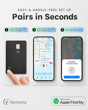 Vantamo Ultra-Thin Wallet Tracker Card, Apple MFi Certified, IP68 Waterproof Bluetooth Smart Card Wallet Tracker & Passport, Work with Apple Find My, Wireless Charging, iOS Only