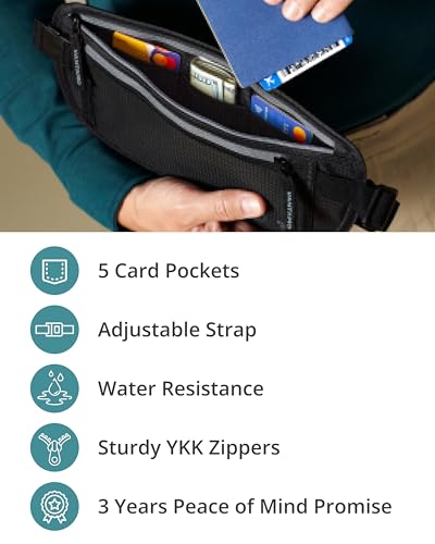 Vantamo Hidden Money Belt For Extra Safety, RFID Protected Ultra-Thin Fanny Pack, 2 Compartment Money Bag Fits Passport &amp; Phone to Protect Valuables, Belt Bag for Traveling, Hiking &amp; Walks