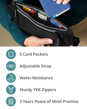 Vantamo Hidden Money Belt For Extra Safety, RFID Protected Ultra-Thin Fanny Pack, 2 Compartment Money Bag Fits Passport & Phone to Protect Valuables, Belt Bag for Traveling, Hiking & Walks