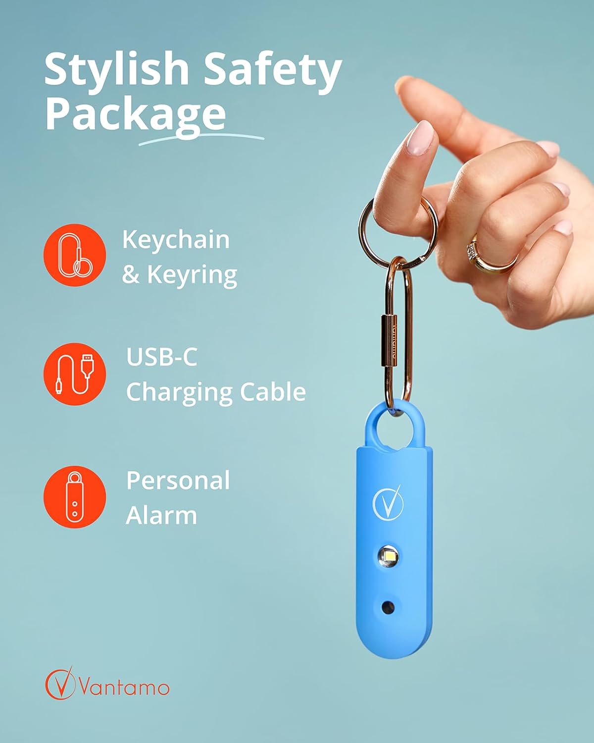 Vantamo Personal Alarm for Women - Extra Loud Double Speakers, First with Low Battery Notice with Strobe Light, Rechargeable - Safety Alarm Keychain