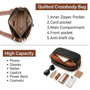 Vantamo Premium Quilted Crossbody Bags for Women with Anti-Pickpocket Clip, Vegan Leather Handbags, Travel Purses for Women