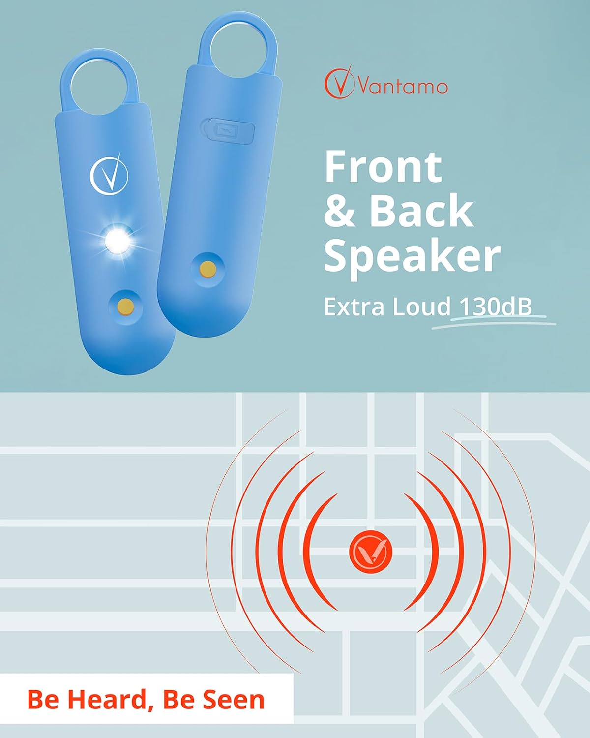 Vantamo Personal Alarm for Women - Extra Loud Double Speakers, First with Low Battery Notice with Strobe Light, Rechargeable - Safety Alarm Keychain