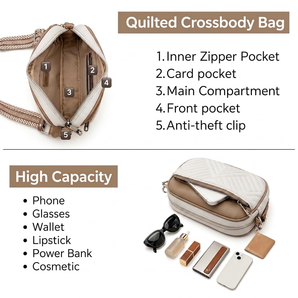 Quilted Crossbody Bags for Women with Anti-Pickpocket Clip
