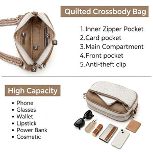 Vantamo Premium Quilted Crossbody Bags for Women with Anti-Pickpocket Clip, Vegan Leather Handbags, Travel Purses for Women