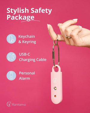 Vantamo Personal Alarm for Women - Extra Loud Double Speakers, First with Low Battery Notice with Strobe Light, Rechargeable - Safety Alarm Keychain