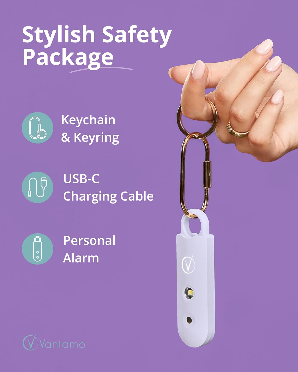 Vantamo Personal Alarm for Women - Extra Loud Double Speakers, First with Low Battery Notice with Strobe Light, Rechargeable - Safety Alarm Keychain