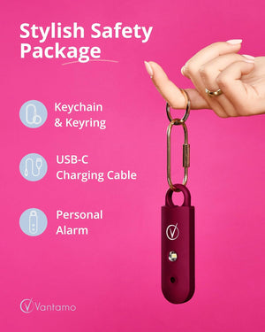 Vantamo Personal Alarm for Women - Extra Loud Double Speakers, First with Low Battery Notice with Strobe Light, Rechargeable - Safety Alarm Keychain