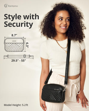 Vantamo Premium Quilted Crossbody Bags for Women with Anti-Pickpocket Clip, Vegan Leather Handbags, Travel Purses for Women