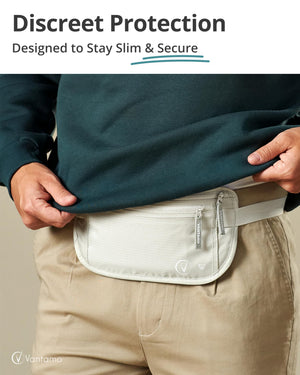Vantamo Hidden Money Belt For Extra Safety, RFID Protected Ultra-Thin Fanny Pack, 2 Compartment Money Bag Fits Passport & Phone to Protect Valuables, Belt Bag for Traveling, Hiking & Walks