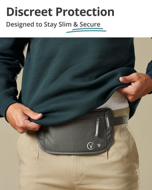 Vantamo Hidden Money Belt For Extra Safety, RFID Protected Ultra-Thin Fanny Pack, 2 Compartment Money Bag Fits Passport & Phone to Protect Valuables, Belt Bag for Traveling, Hiking & Walks