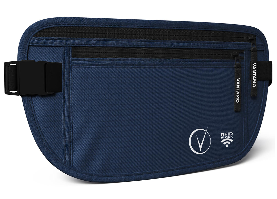 Vantamo Hidden Money Belt For Extra Safety, RFID Protected Ultra-Thin Fanny Pack, 2 Compartment Money Bag Fits Passport &amp; Phone to Protect Valuables, Belt Bag for Traveling, Hiking &amp; Walks