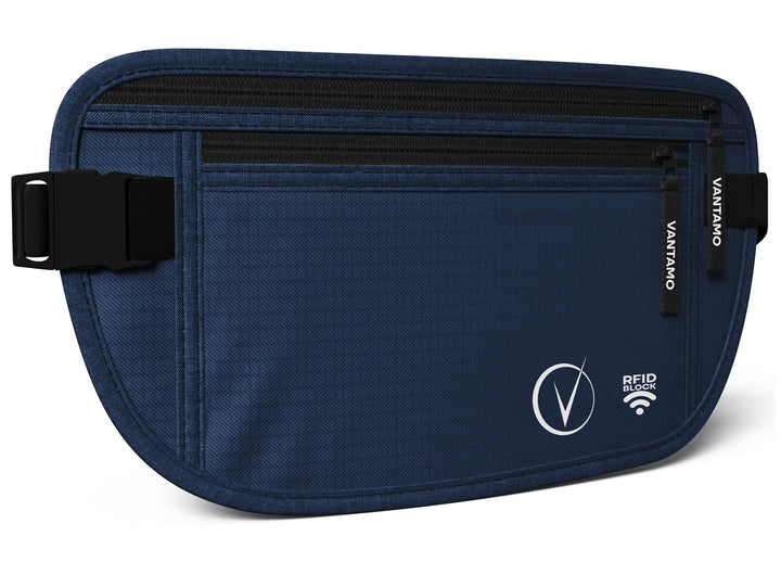 Vantamo Hidden Money Belt For Extra Safety, RFID Protected Ultra-Thin Fanny Pack, 2 Compartment Money Bag Fits Passport &amp; Phone to Protect Valuables, Belt Bag for Traveling, Hiking &amp; Walks