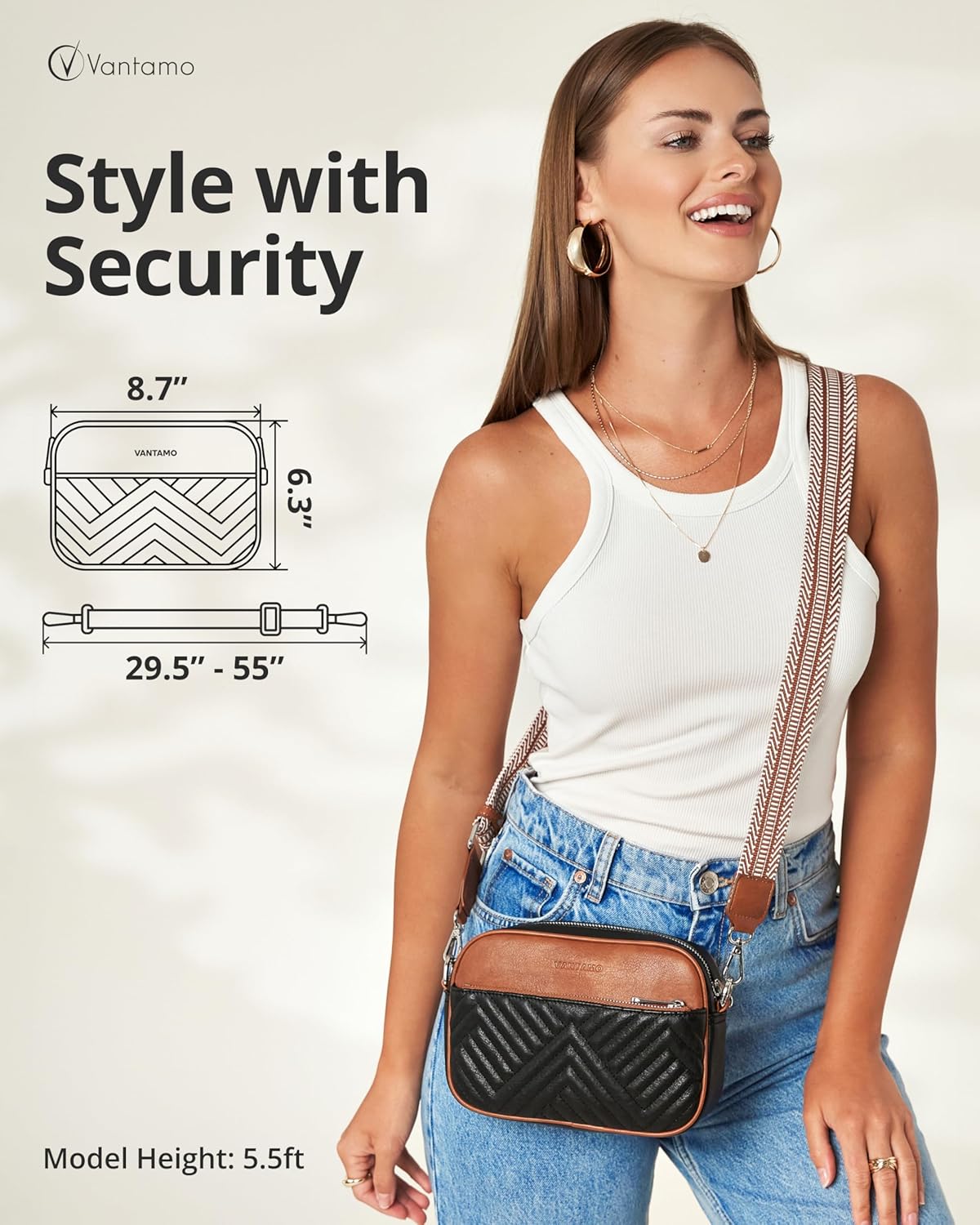 Vantamo Shoulder Bag for Women - Faux Leather Crossbody Bag with Anti Theft RFID Protection & Adjustable Strap.