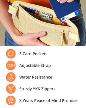 Vantamo Hidden Money Belt For Extra Safety, RFID Protected Ultra-Thin Fanny Pack, 2 Compartment Money Bag Fits Passport & Phone to Protect Valuables, Belt Bag for Traveling, Hiking & Walks