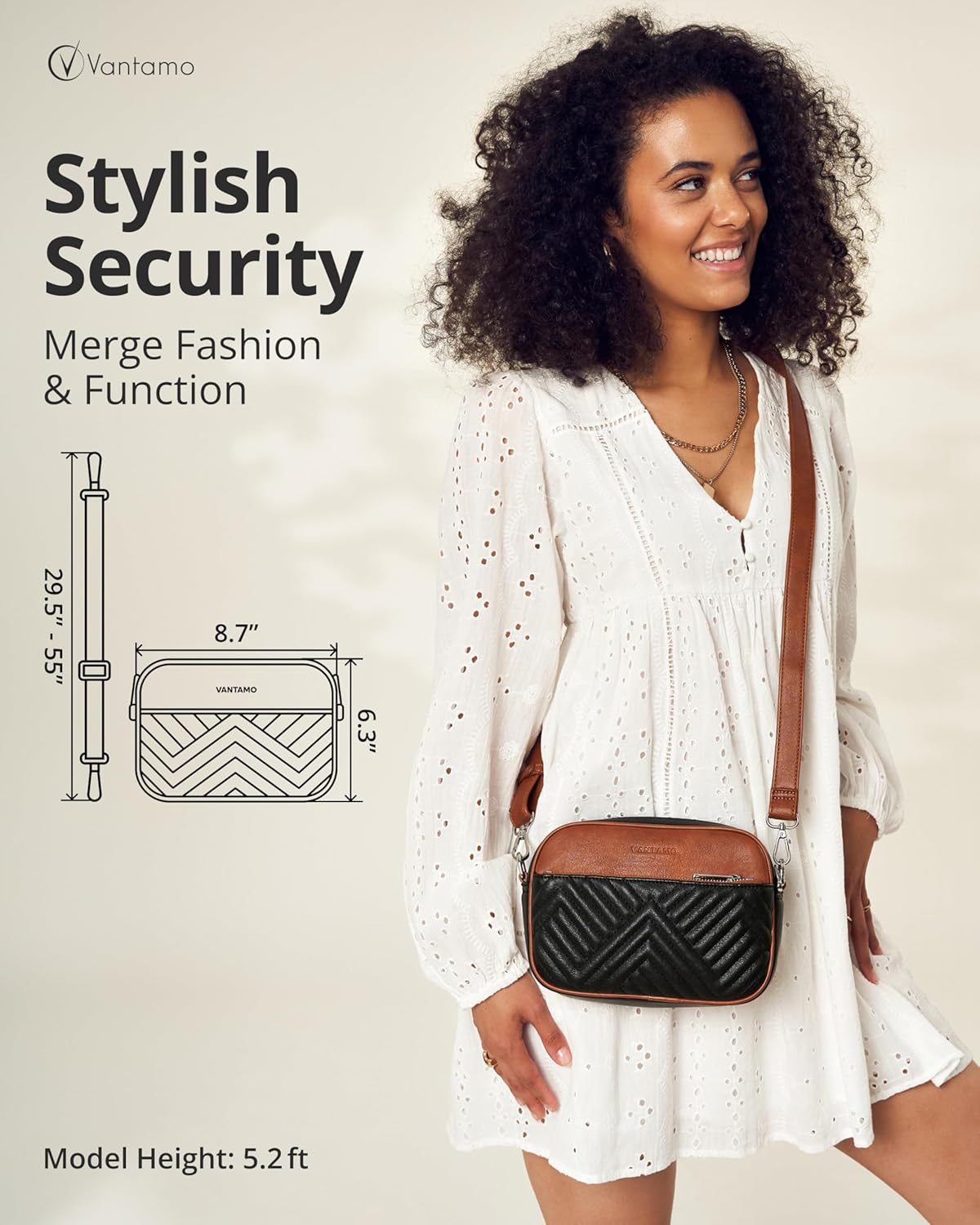 Vantamo Shoulder Bag for Women - Faux Leather Crossbody Bag with Anti Theft RFID Protection & Adjustable Strap.