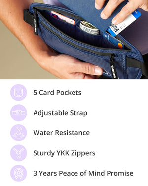 Vantamo Hidden Money Belt For Extra Safety, RFID Protected Ultra-Thin Fanny Pack, 2 Compartment Money Bag Fits Passport & Phone to Protect Valuables, Belt Bag for Traveling, Hiking & Walks