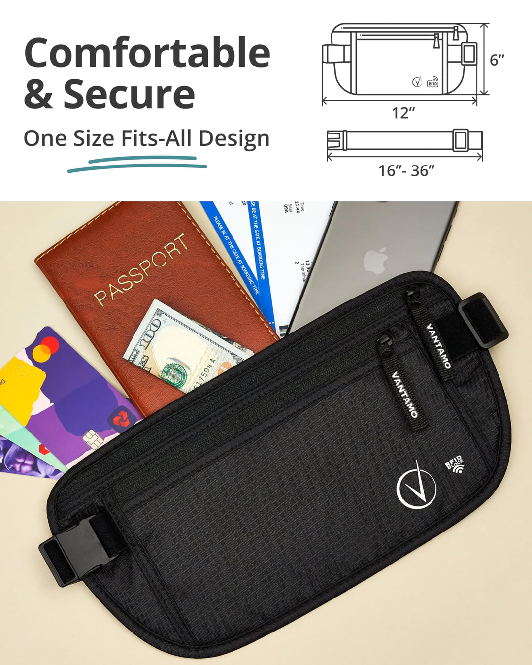 Vantamo Hidden Money Belt For Extra Safety, RFID Protected Ultra-Thin Fanny Pack, 2 Compartment Money Bag Fits Passport &amp; Phone to Protect Valuables, Belt Bag for Traveling, Hiking &amp; Walks
