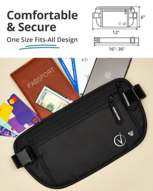 Vantamo Hidden Money Belt For Extra Safety, RFID Protected Ultra-Thin Fanny Pack, 2 Compartment Money Bag Fits Passport & Phone to Protect Valuables, Belt Bag for Traveling, Hiking & Walks