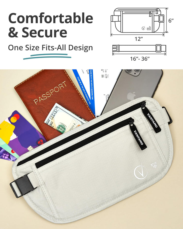 Vantamo Hidden Money Belt For Extra Safety, RFID Protected Ultra-Thin Fanny Pack, 2 Compartment Money Bag Fits Passport &amp; Phone to Protect Valuables, Belt Bag for Traveling, Hiking &amp; Walks
