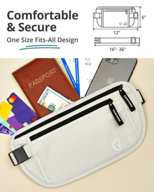 Vantamo Hidden Money Belt For Extra Safety, RFID Protected Ultra-Thin Fanny Pack, 2 Compartment Money Bag Fits Passport & Phone to Protect Valuables, Belt Bag for Traveling, Hiking & Walks