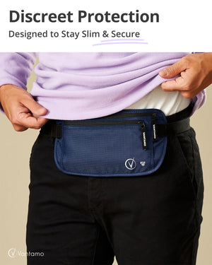 Vantamo Hidden Money Belt For Extra Safety, RFID Protected Ultra-Thin Fanny Pack, 2 Compartment Money Bag Fits Passport & Phone to Protect Valuables, Belt Bag for Traveling, Hiking & Walks