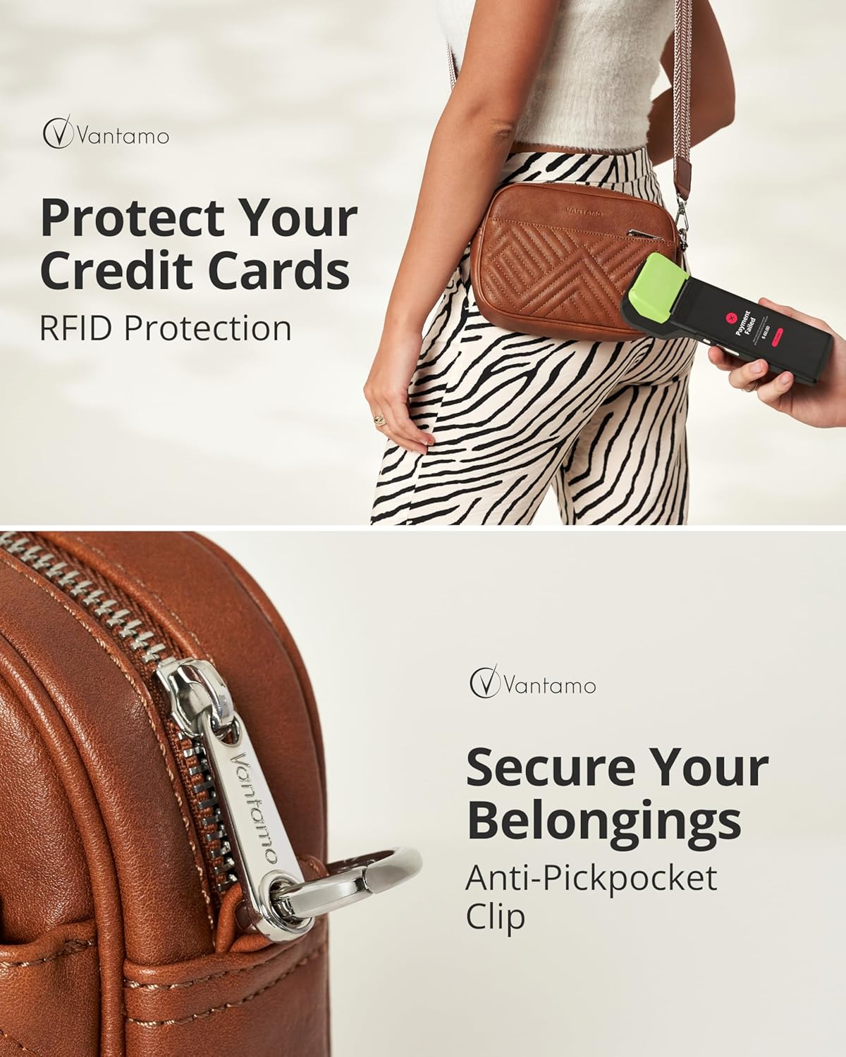 Vantamo Shoulder Bag for Women - Faux Leather Crossbody Bag with Anti Theft RFID Protection & Adjustable Strap.