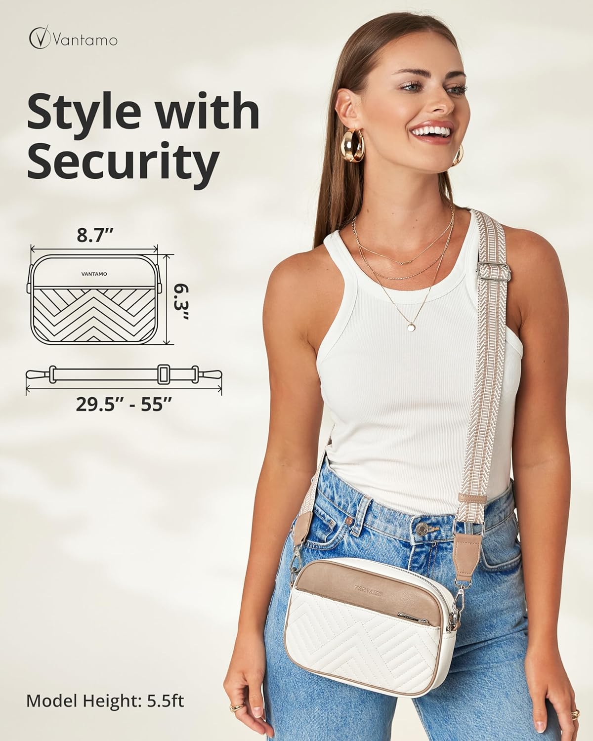 Vantamo Shoulder Bag for Women - Faux Leather Crossbody Bag with Anti Theft RFID Protection & Adjustable Strap.