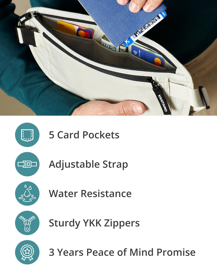 Vantamo Hidden Money Belt For Extra Safety, RFID Protected Ultra-Thin Fanny Pack, 2 Compartment Money Bag Fits Passport &amp; Phone to Protect Valuables, Belt Bag for Traveling, Hiking &amp; Walks