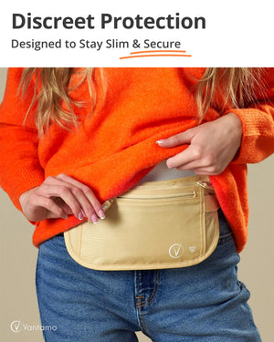 Vantamo Hidden Money Belt For Extra Safety, RFID Protected Ultra-Thin Fanny Pack, 2 Compartment Money Bag Fits Passport & Phone to Protect Valuables, Belt Bag for Traveling, Hiking & Walks