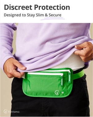 Vantamo Hidden Money Belt For Extra Safety, RFID Protected Ultra-Thin Fanny Pack, 2 Compartment Money Bag Fits Passport & Phone to Protect Valuables, Belt Bag for Traveling, Hiking & Walks
