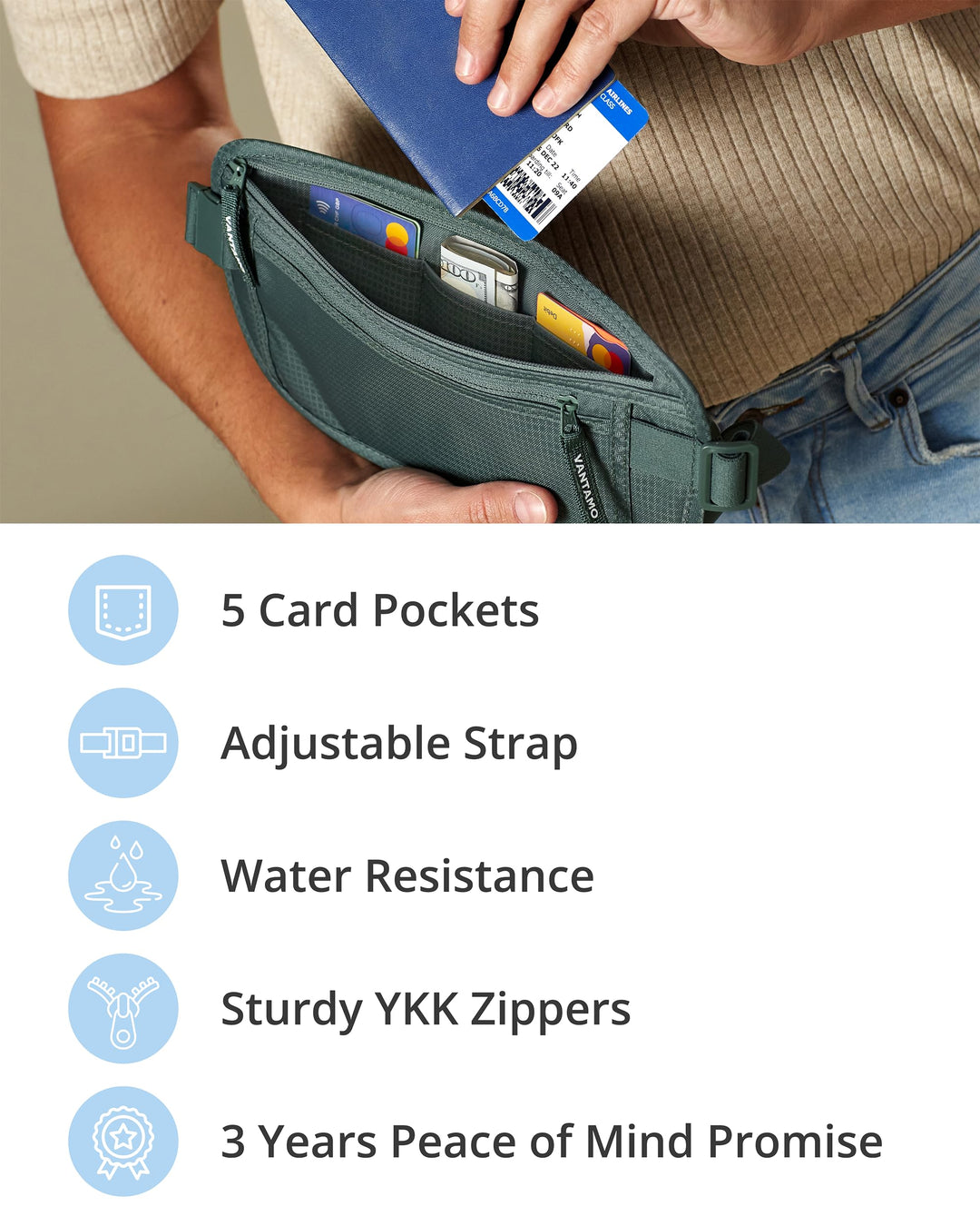 Vantamo Hidden Money Belt For Extra Safety, RFID Protected Ultra-Thin Fanny Pack, 2 Compartment Money Bag Fits Passport &amp; Phone to Protect Valuables, Belt Bag for Traveling, Hiking &amp; Walks