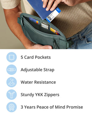 Vantamo Hidden Money Belt For Extra Safety, RFID Protected Ultra-Thin Fanny Pack, 2 Compartment Money Bag Fits Passport & Phone to Protect Valuables, Belt Bag for Traveling, Hiking & Walks