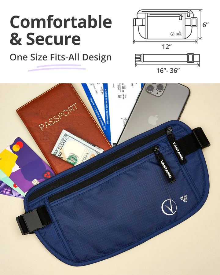 Vantamo Hidden Money Belt For Extra Safety, RFID Protected Ultra-Thin Fanny Pack, 2 Compartment Money Bag Fits Passport &amp; Phone to Protect Valuables, Belt Bag for Traveling, Hiking &amp; Walks