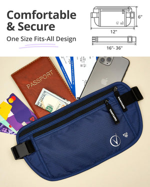 Vantamo Hidden Money Belt For Extra Safety, RFID Protected Ultra-Thin Fanny Pack, 2 Compartment Money Bag Fits Passport & Phone to Protect Valuables, Belt Bag for Traveling, Hiking & Walks