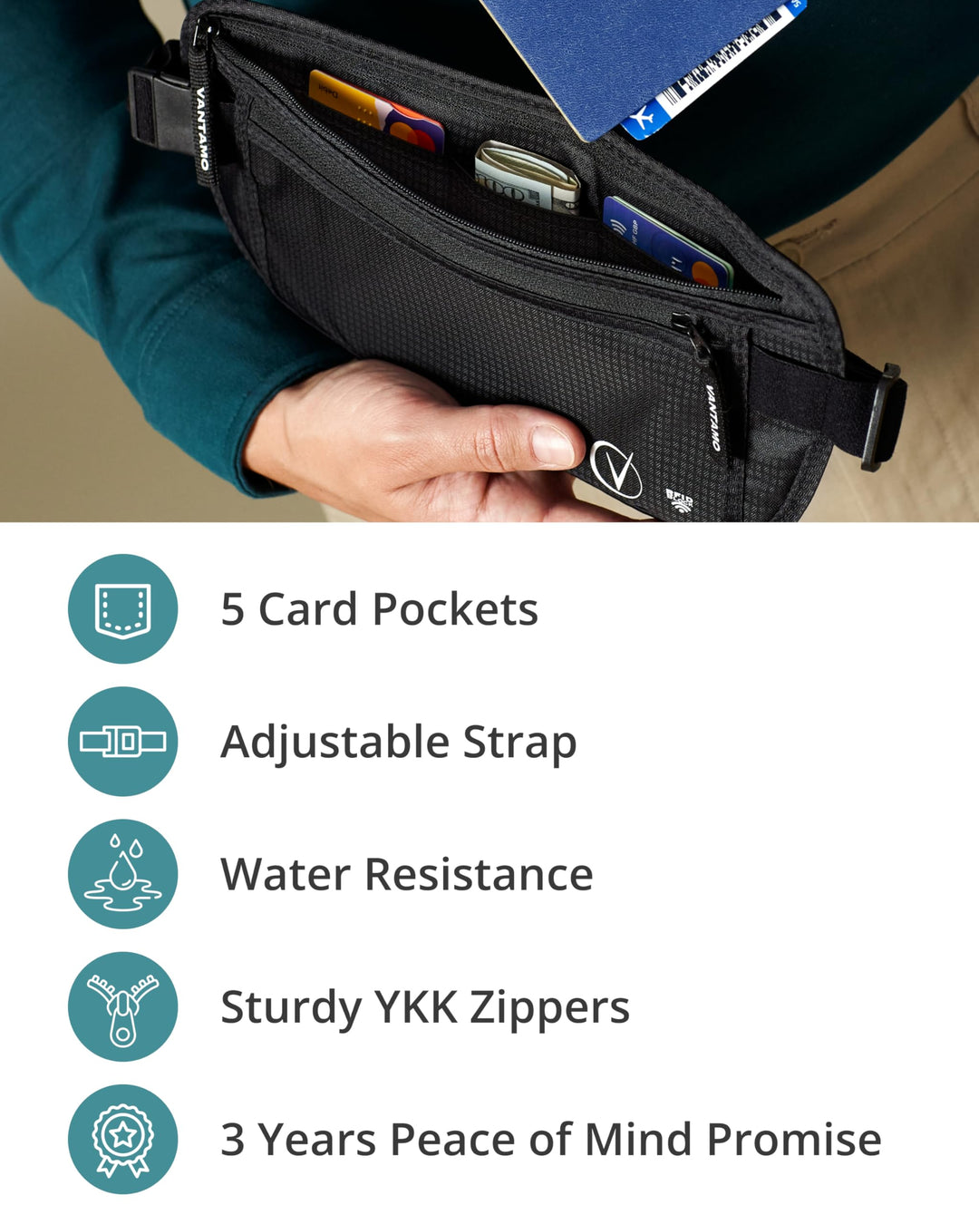 Vantamo Hidden Money Belt For Extra Safety, RFID Protected Ultra-Thin Fanny Pack, 2 Compartment Money Bag Fits Passport &amp; Phone to Protect Valuables, Belt Bag for Traveling, Hiking &amp; Walks