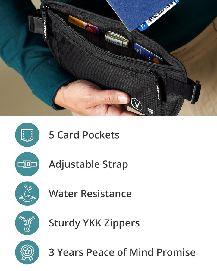 Vantamo Hidden Money Belt For Extra Safety, RFID Protected Ultra-Thin Fanny Pack, 2 Compartment Money Bag Fits Passport &amp; Phone to Protect Valuables, Belt Bag for Traveling, Hiking &amp; Walks