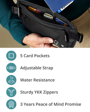 Vantamo Hidden Money Belt For Extra Safety, RFID Protected Ultra-Thin Fanny Pack, 2 Compartment Money Bag Fits Passport & Phone to Protect Valuables, Belt Bag for Traveling, Hiking & Walks