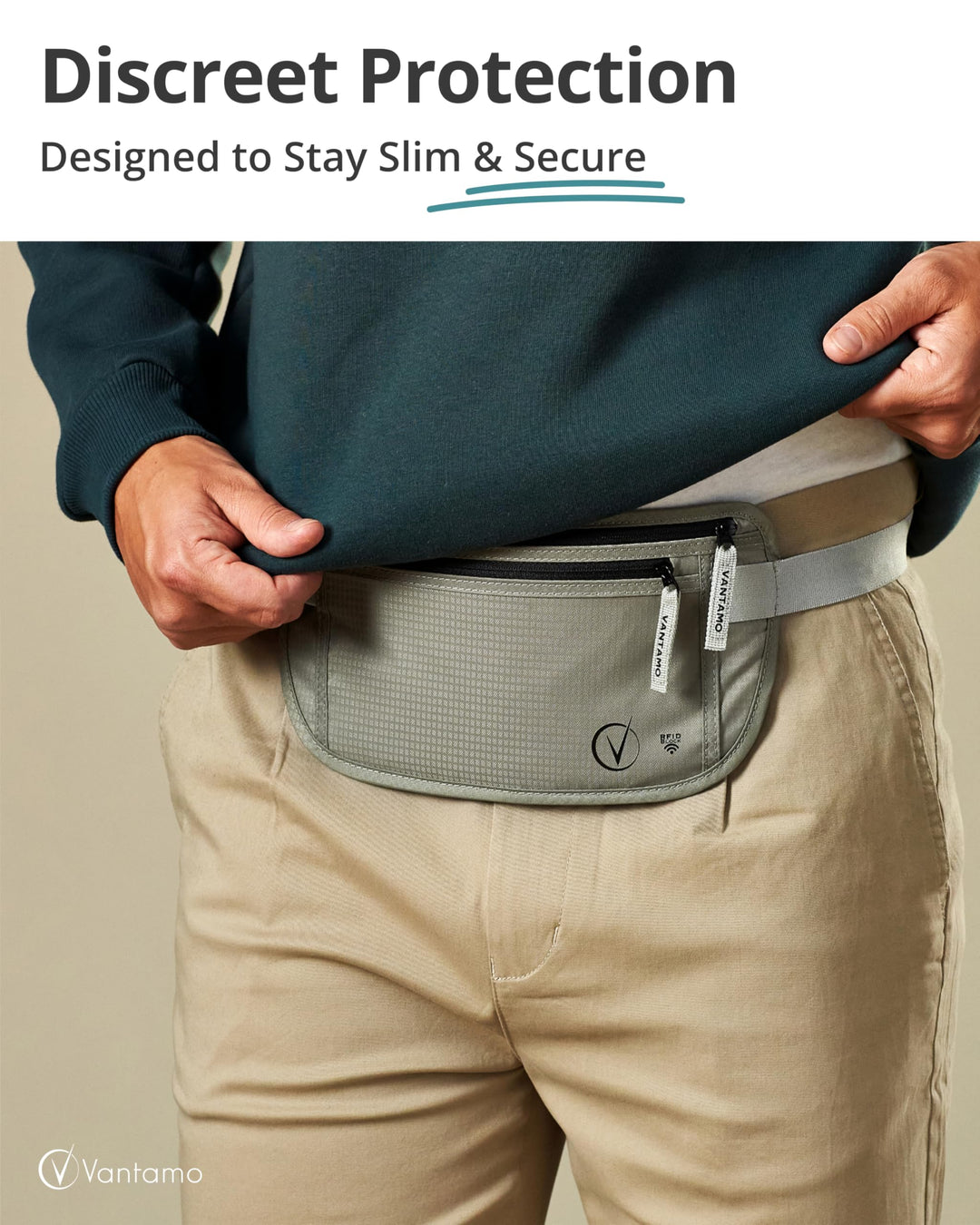 Vantamo Hidden Money Belt For Extra Safety, RFID Protected Ultra-Thin Fanny Pack, 2 Compartment Money Bag Fits Passport &amp; Phone to Protect Valuables, Belt Bag for Traveling, Hiking &amp; Walks